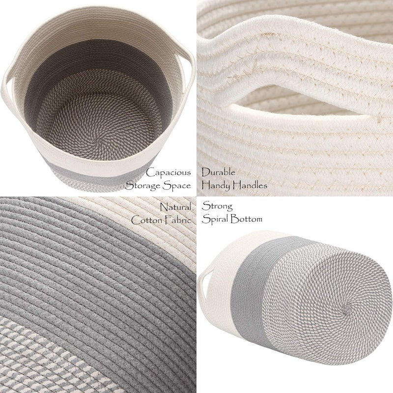 Sea Team Large Size Cotton Rope Woven Storage Basket with Handles, Laundry Hamper, Fabric Bucket, Drum, Clothes Toys Organizer for Kid's Room, 20 x 14 inches, Round Open Design, White & Mottled Grey - Image 5